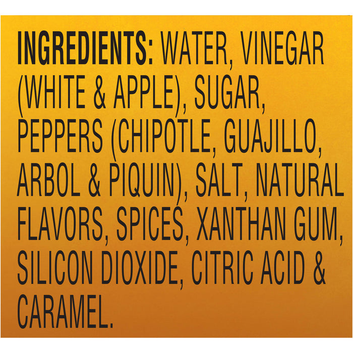 A list of ingredients for a product, including water, vinegar, sugar, peppers, salt, natural flavors, spices, xanthan gum, silicon dioxide, citric acid and caramel.