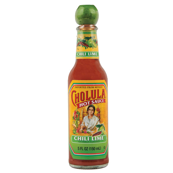 A bottle of Cholula Chili Lime hot sauce.