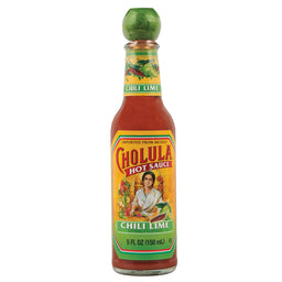 A bottle of Cholula Chili Lime hot sauce.