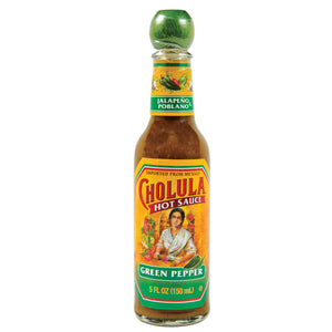 A bottle of Cholula Green Pepper hot sauce.