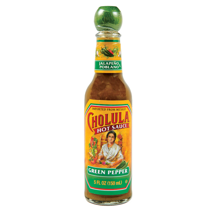 A bottle of Cholula Green Pepper hot sauce.