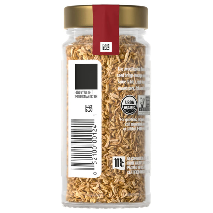 A jar of McCormick organic fennel seed is shown, highlighting its use in flavoring sausage and sauces.