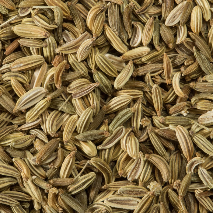A close-up view of dried fennel seeds, showcasing their elongated shape and ridged texture.
