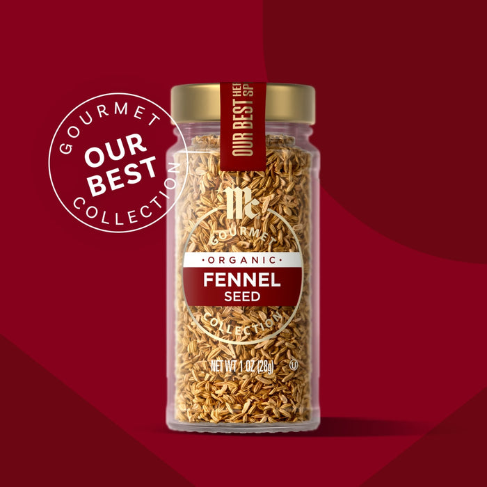 A jar of McCormick Gourmet Fennel Seed is featured as part of their Our Best Collection.