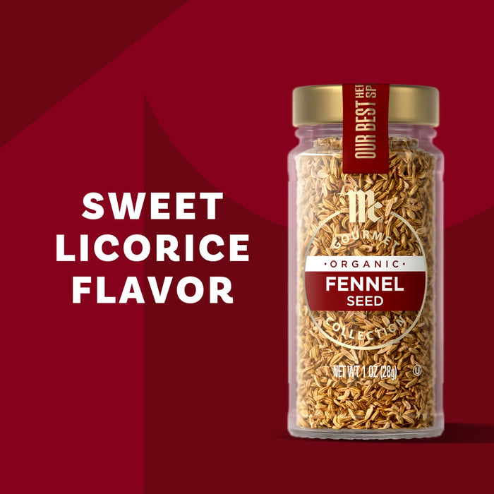 McCormick Fennel Seed bottle with the words Sweet Licorice Flavor on the side.