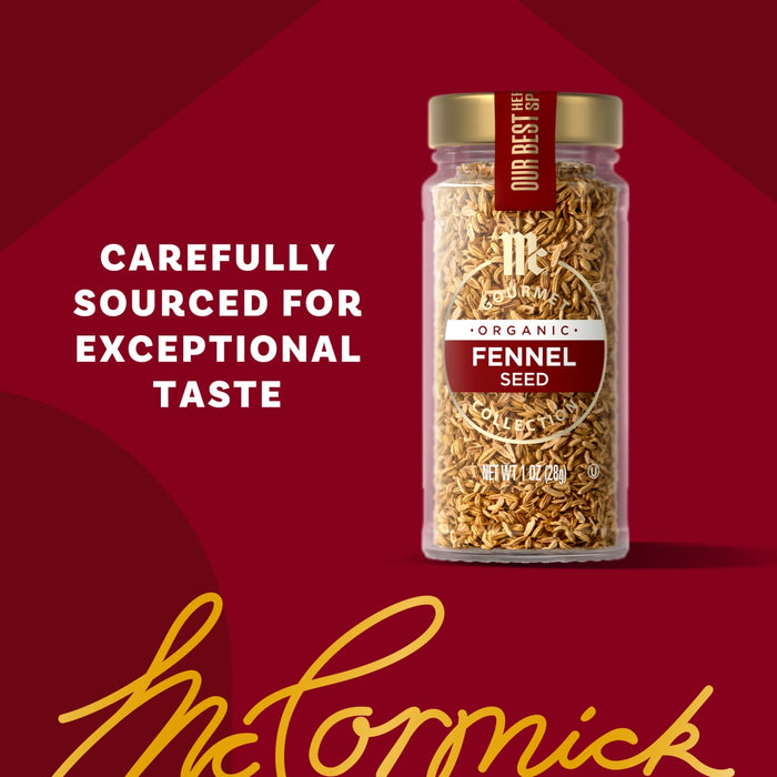 A jar of McCormick fennel seeds is displayed with the text Carefully sourced for exceptional taste.