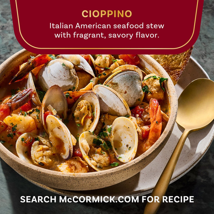 A bowl of McCormick Cioppino, an Italian American seafood stew with fragrant, savory flavor.