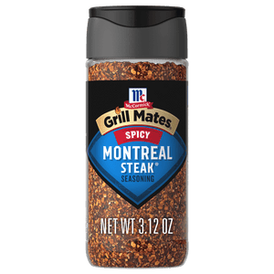 This is a bottle of McCormick Grill Mates Spicy Montreal Steak Seasoning.