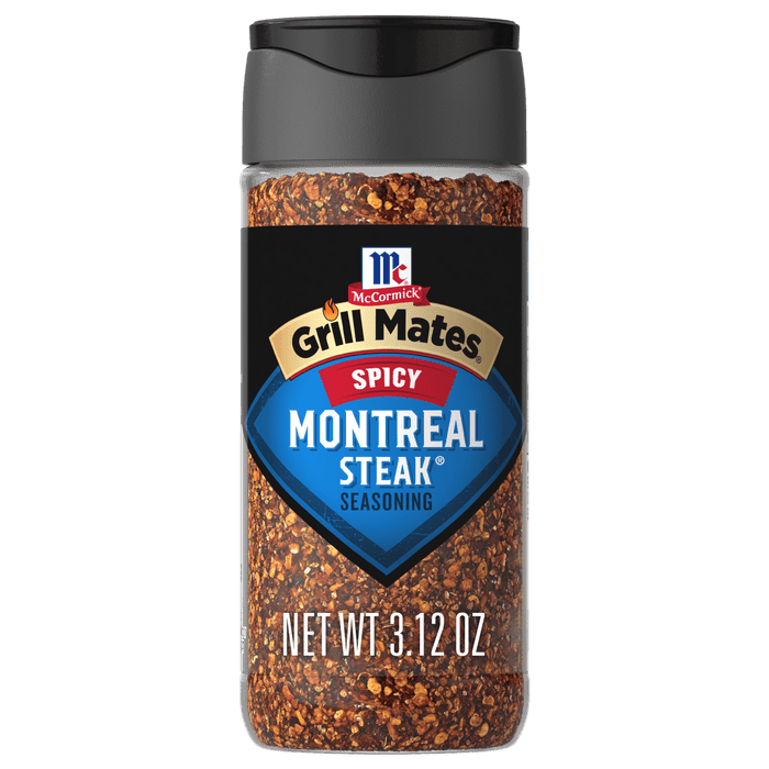 This is a bottle of McCormick Grill Mates Spicy Montreal Steak Seasoning.