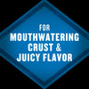 The image features a blue diamond shape with the text FOR MOUTHWATERING CRUST &amp; JUICY FLAVOR in white, suggesting a product benefit related to food.
