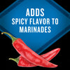 Two red chili peppers are displayed with the text Adds spicy flavor to marinades on a blue diamond background.