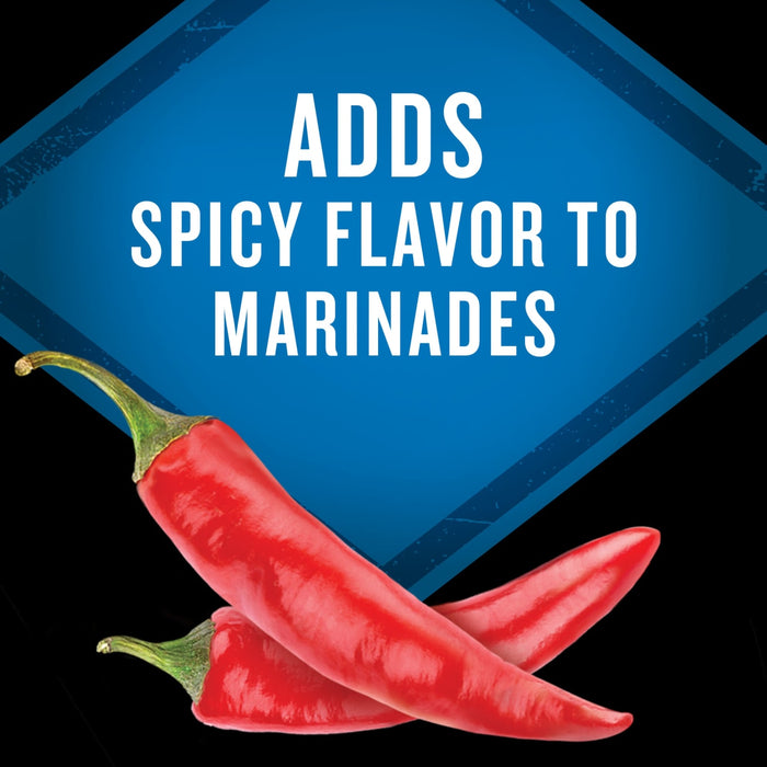 Two red chili peppers are displayed with the text Adds spicy flavor to marinades on a blue diamond background.