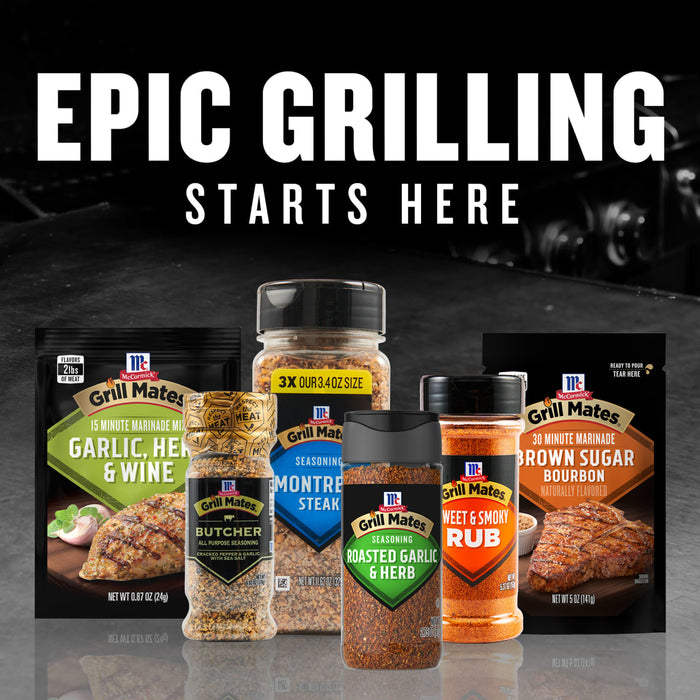 This image features McCormick Grill Mates seasonings with the text Epic Grilling Starts Here.