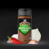 A bottle of McCormick Grill Mates Roasted Garlic &amp; Herb seasoning is displayed with a red chili pepper salt an onion and a garlic clove.
