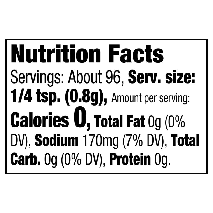Nutrition facts for a serving of 1/4 teaspoon of the product.