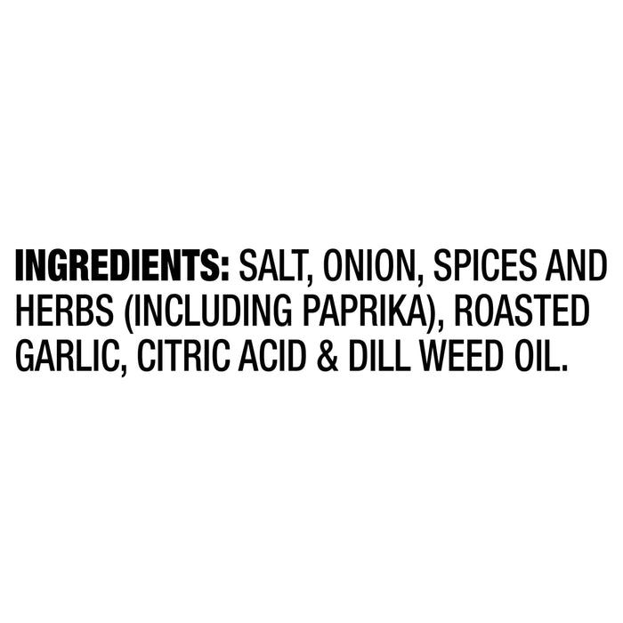 A list of ingredients for a product, including salt, onion, spices, herbs, paprika, roasted garlic, citric acid, and dill weed oil.