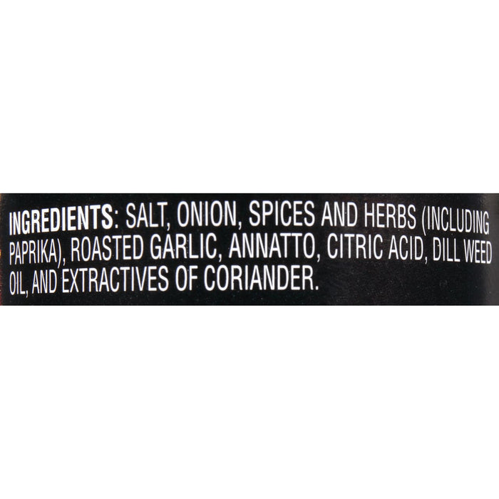 Ingredients for the seasoning include salt onion spices herbs roasted garlic annatto citric acid dill weed oil and extractives of coriander.