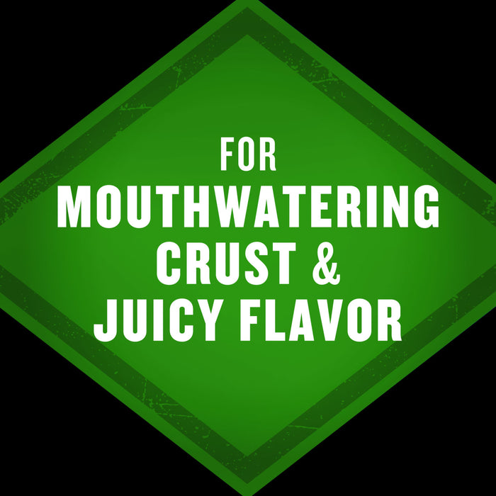 A green diamond shape with the text For Mouthwatering Crust &amp; Juicy Flavor in white.