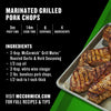 This image features a recipe for marinated grilled pork chops using McCormick Grill Mates Roasted Garlic &amp; Herb Seasoning including preparation and cook times servings and ingredients.