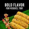 Grilled corn and vegetable skewers are displayed with the text Bold Flavor for Veggies Too!