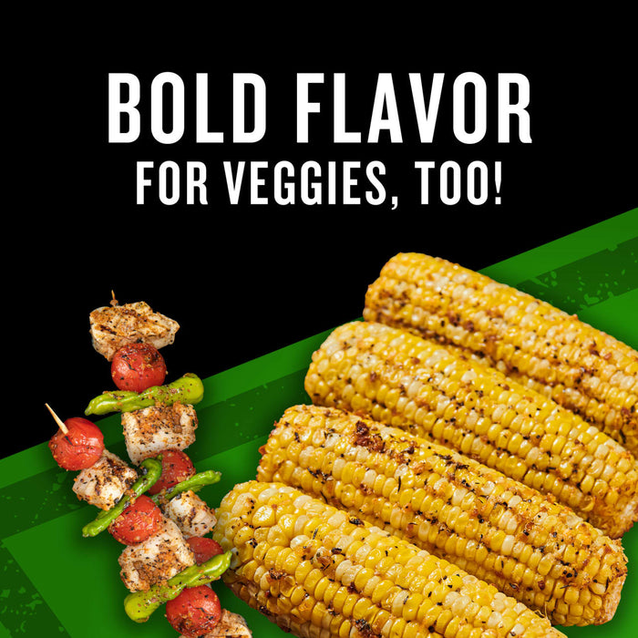 Grilled corn and vegetable skewers are displayed with the text Bold Flavor for Veggies Too!
