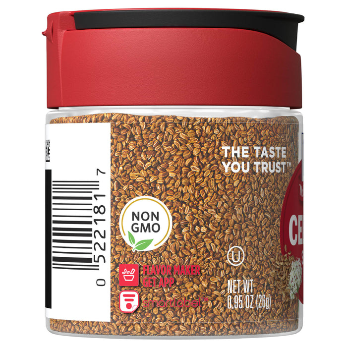 A jar of McCormick Celery Seed a non-GMO product.