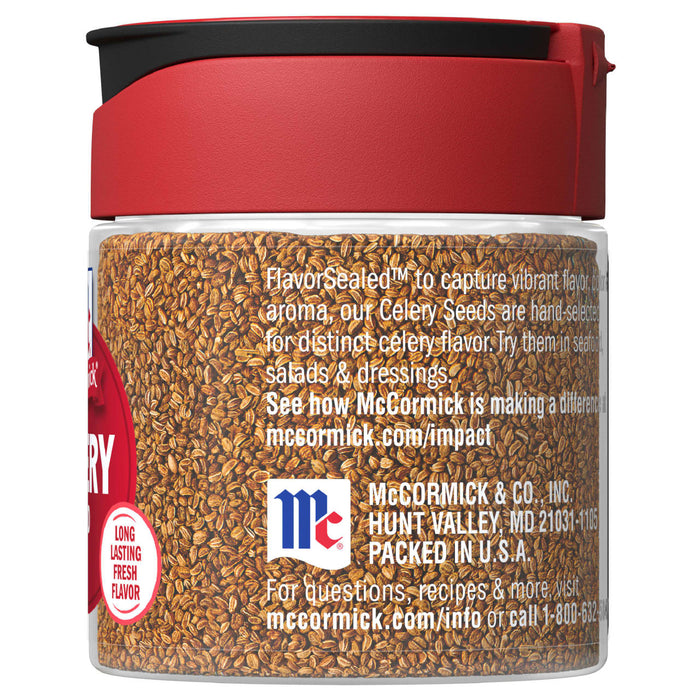 A McCormick Celery Seed jar with a red lid and a label that says FlavorSealed to capture vibrant flavor.