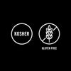 The image displays two circular icons indicating that the product is Kosher and Gluten-Free.