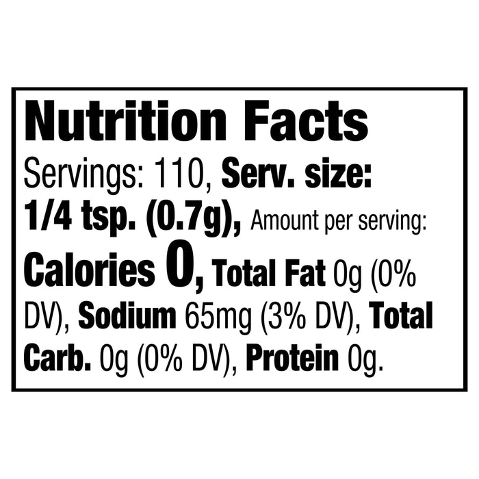 Nutrition facts label for a product with 0 calories per serving.