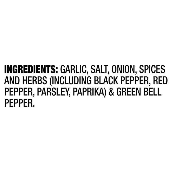 A list of ingredients for a product, including garlic, salt, onion, spices, and herbs.