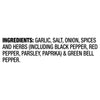 A list of ingredients for a product, including garlic, salt, onion, spices, and herbs.