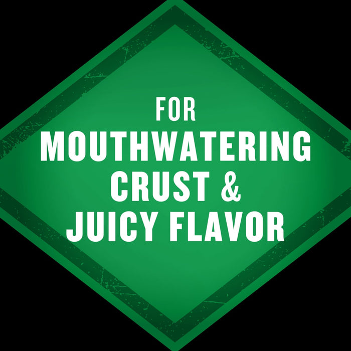 A green diamond-shaped badge with the words FOR MOUTHWATERING CRUST &amp; JUICY FLAVOR in white text.