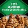 This image shows seasoned grilled chicken or pork with the text 1 TSP seasoning per 1 LB chicken or pork above it.