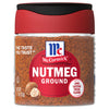 A jar of McCormick Ground Nutmeg with a red lid and a white label.