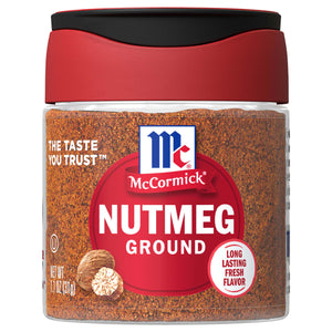 A jar of McCormick Ground Nutmeg with a red lid and a white label.