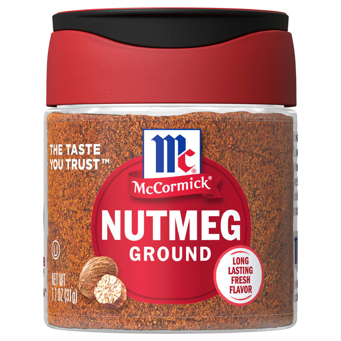 A jar of McCormick Ground Nutmeg with a red lid and a white label.