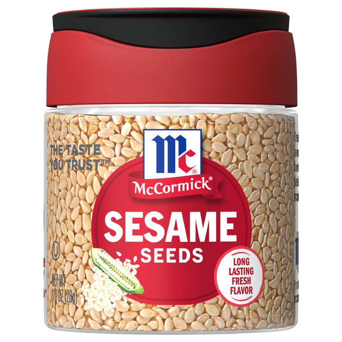 A jar of McCormick Sesame Seeds with a red lid and a white label.