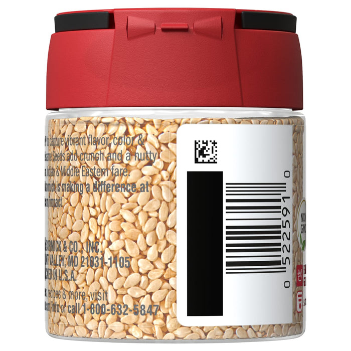 A jar of McCormick Sesame Seeds with a red lid and a white label with a barcode and product information.