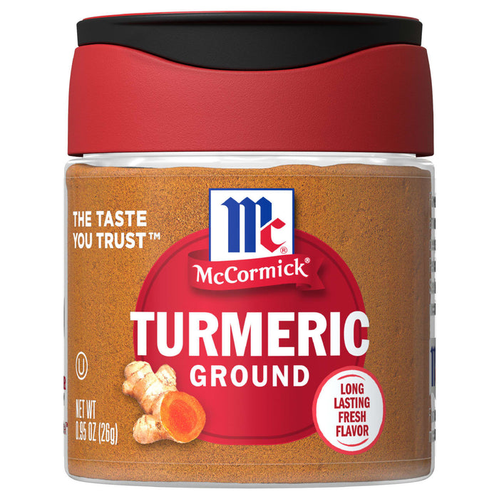 A jar of McCormick Ground Turmeric with a turmeric root on the label.