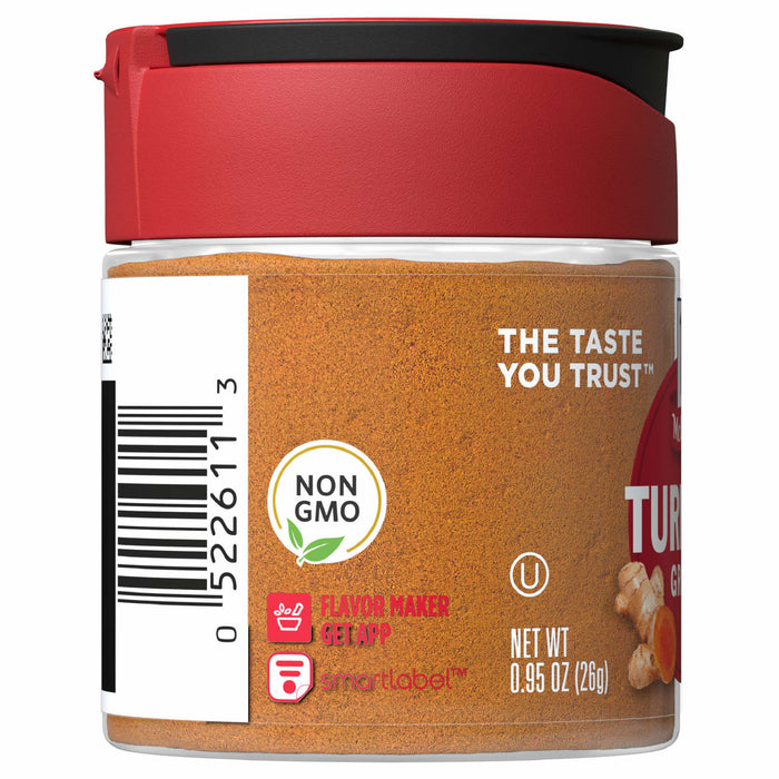 A jar of McCormick Turmeric Ground Spice with a red lid and a label that says The Taste You Trust and Non GMO.