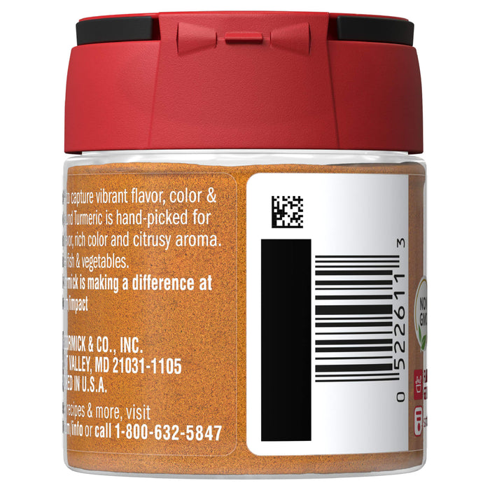 A jar of McCormick Ground Turmeric with a barcode and information about the product.