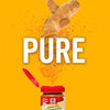 A McCormick ground turmeric spice jar with a burst of turmeric root pieces and powder around it, with the word PURE in large white letters.