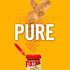 A McCormick ground turmeric spice jar with a burst of turmeric root pieces and powder around it, with the word PURE in large white letters.