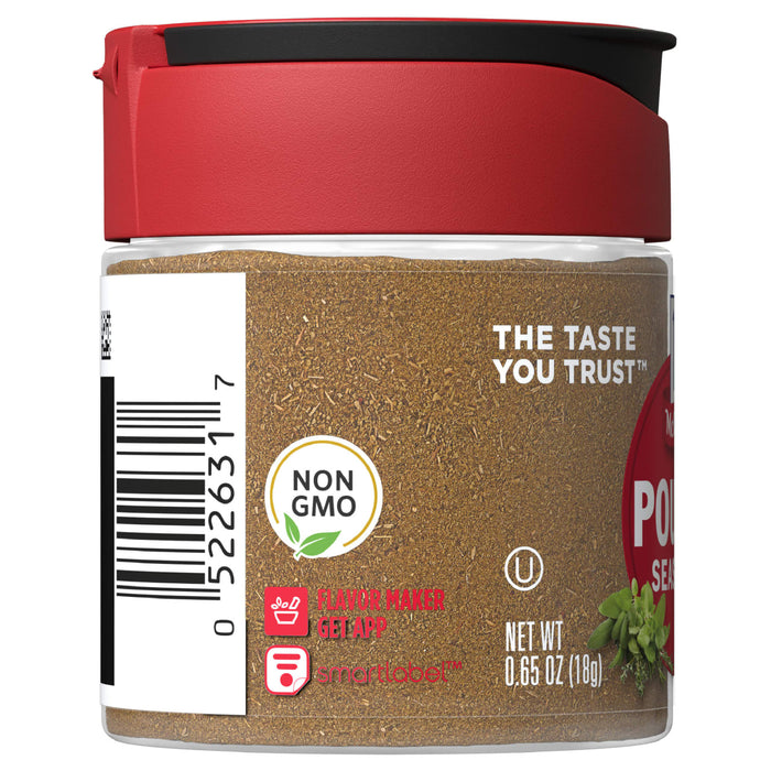 A red jar of McCormick Poultry Seasoning with a barcode and a non-GMO label.