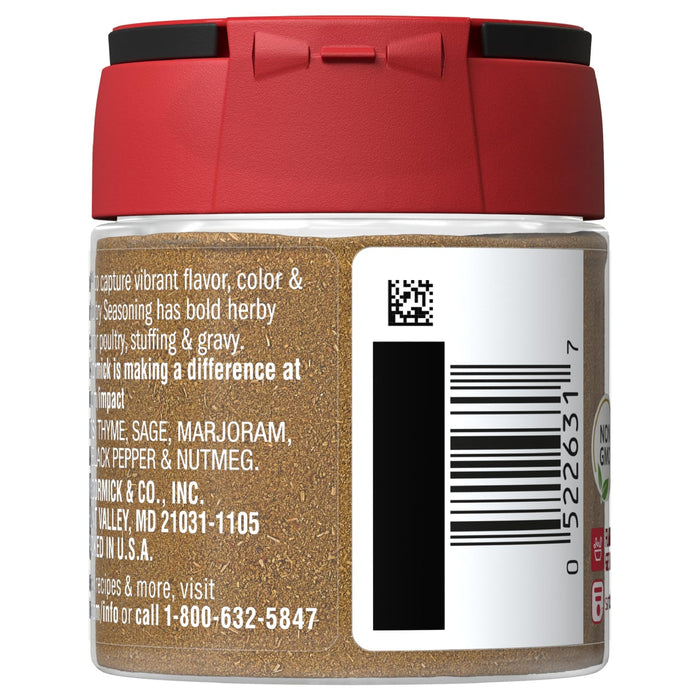 A McCormick jar of Herb Seasoning with a barcode and a non-GMO label.