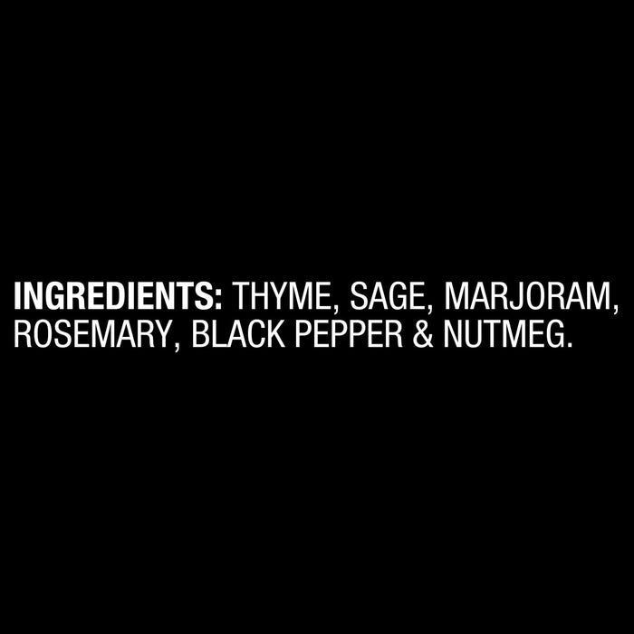 A list of ingredients for a recipe including thyme sage marjoram rosemary black pepper and nutmeg.