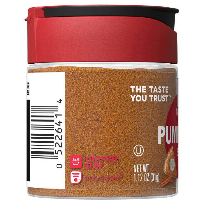 A clear plastic jar of Mccormick Pumpkin Pie Spice, featuring a red and black cap, a NON GMO label, and text indicating THE TASTE YOU TRUST™ and a net weight of 1.12 oz (31g).