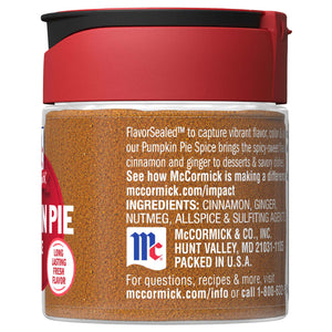 A glass jar of McCormick Pumpkin Pie Spice.