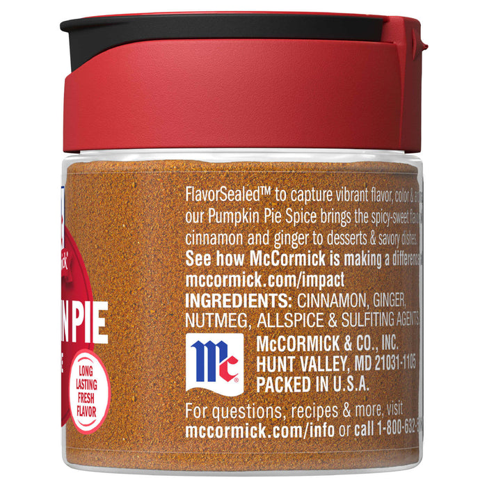 A glass jar of McCormick Pumpkin Pie Spice.