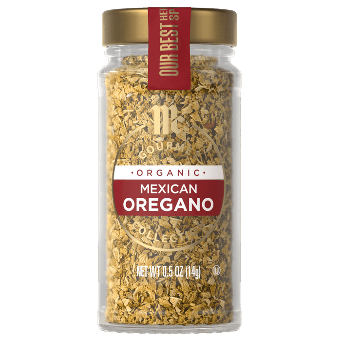 A jar of McCormick Organic Mexican Oregano is displayed.